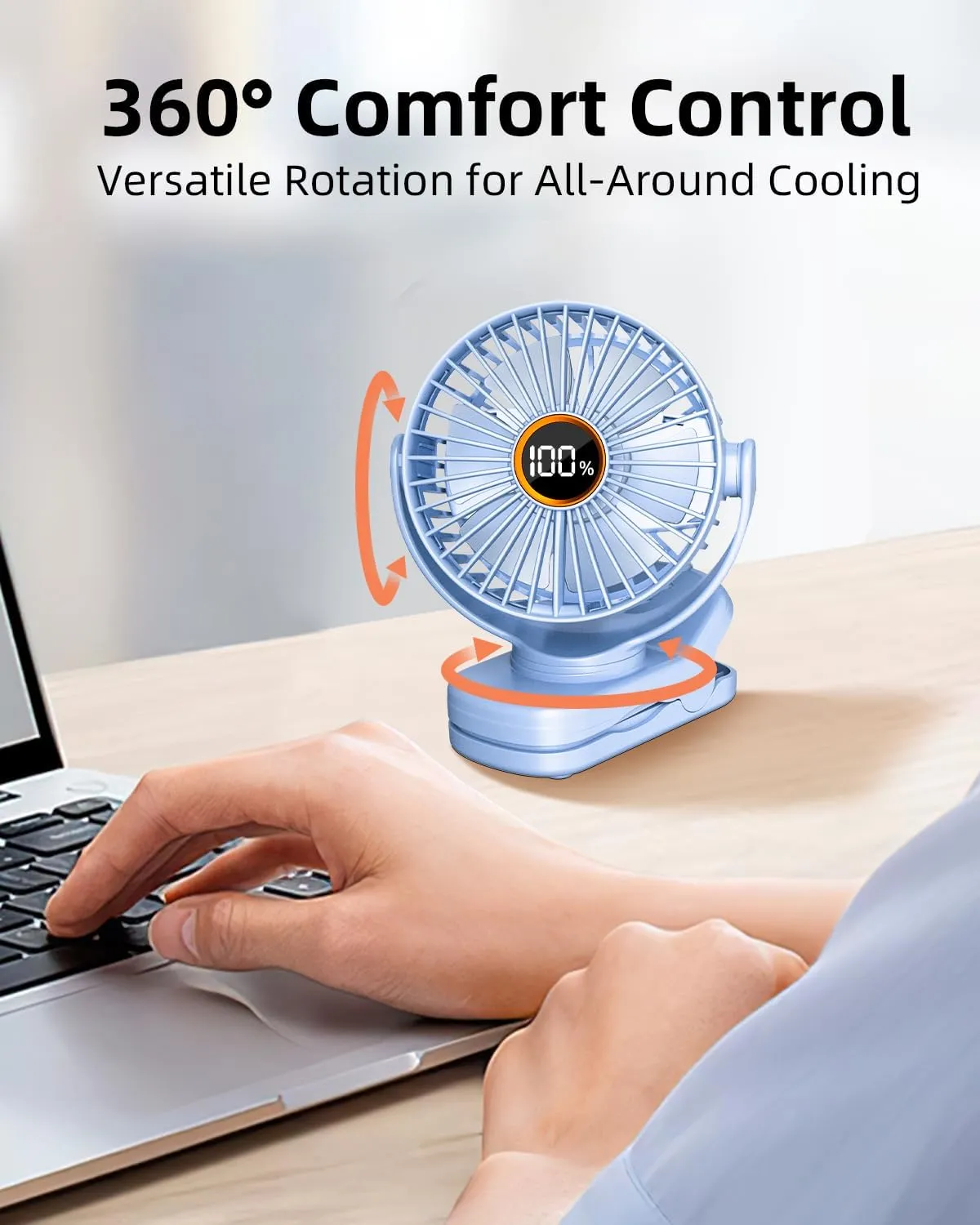 Portable Mini Fan Rechargeable Battery Powered, Small Stroller Fan for Desk, Strong Clamp Grip, 360 Rotation, 3-Speed, LED Display, Personal Clip On Cooler for Bed, Golf Cart, Office, Light Blue