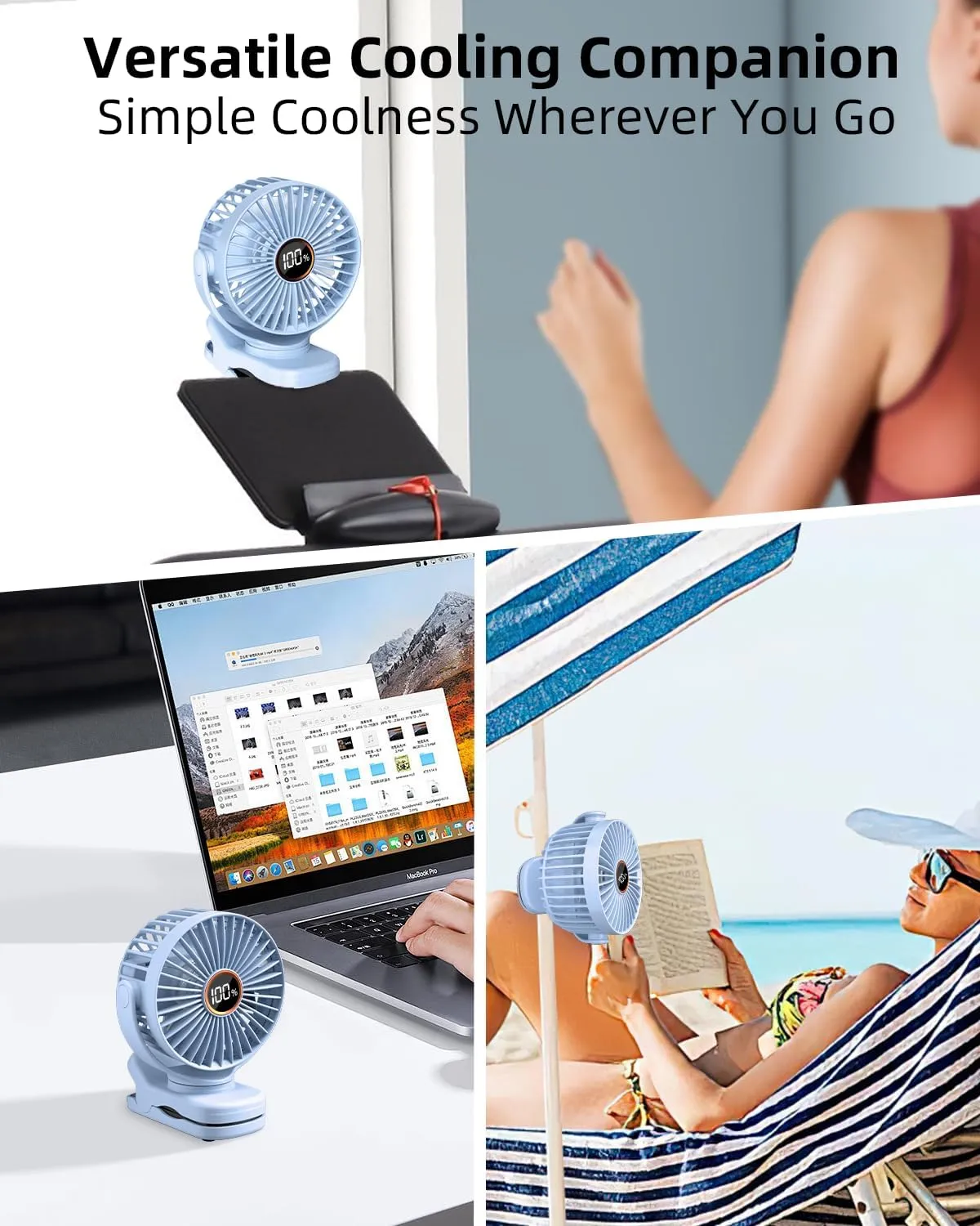 Portable Mini Fan Rechargeable Battery Powered, Small Stroller Fan for Desk, Strong Clamp Grip, 360 Rotation, 3-Speed, LED Display, Personal Clip On Cooler for Bed, Golf Cart, Office, Light Blue