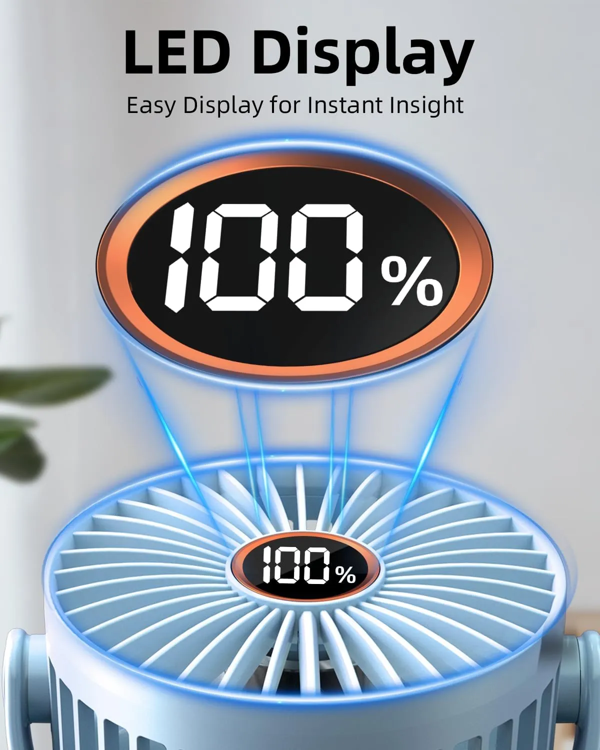 Portable Mini Fan Rechargeable Battery Powered, Small Stroller Fan for Desk, Strong Clamp Grip, 360 Rotation, 3-Speed, LED Display, Personal Clip On Cooler for Bed, Golf Cart, Office, Light Blue