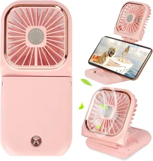 Portable Mini Fan Small Battery Operated Fan 5 in 1 as Power Bank,Phone Holder,Handheld Fan,Desk Fan, USB Rechargeable Personal Hand Fans,3000 mAh Power Bank,3 Speed Adjustable, Neck lanyard, Pink Mini handheld fan for personal cooling