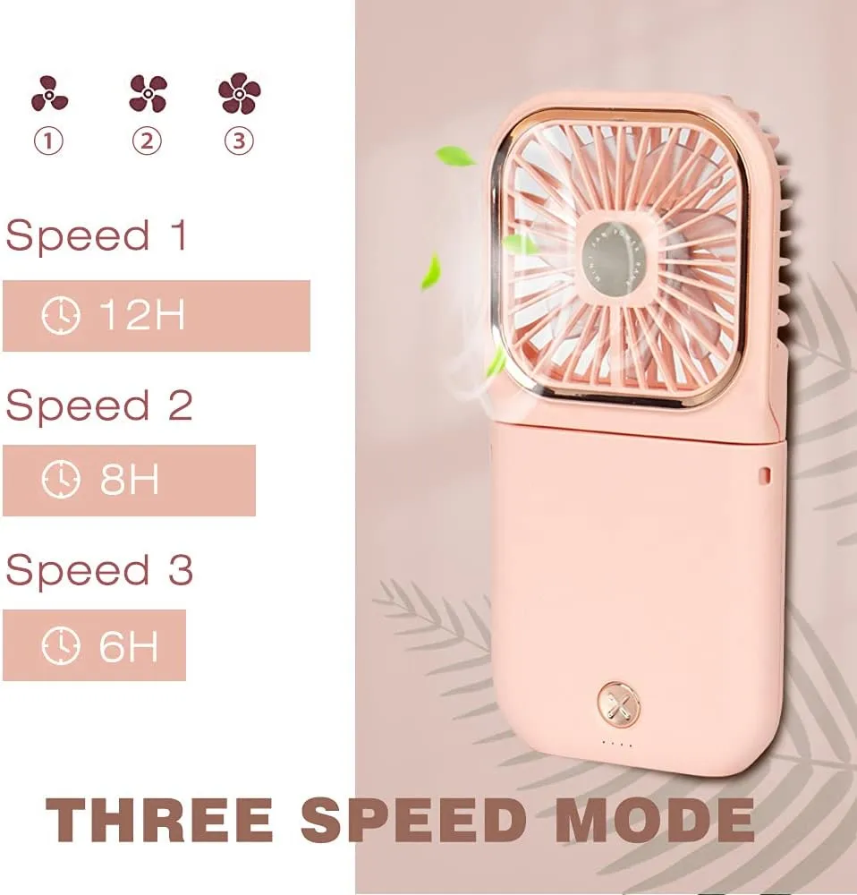 Portable Mini Fan Small Battery Operated Fan 5 in 1 as Power Bank,Phone Holder,Handheld Fan,Desk Fan, USB Rechargeable Personal Hand Fans,3000 mAh Power Bank,3 Speed Adjustable, Neck lanyard, Pink