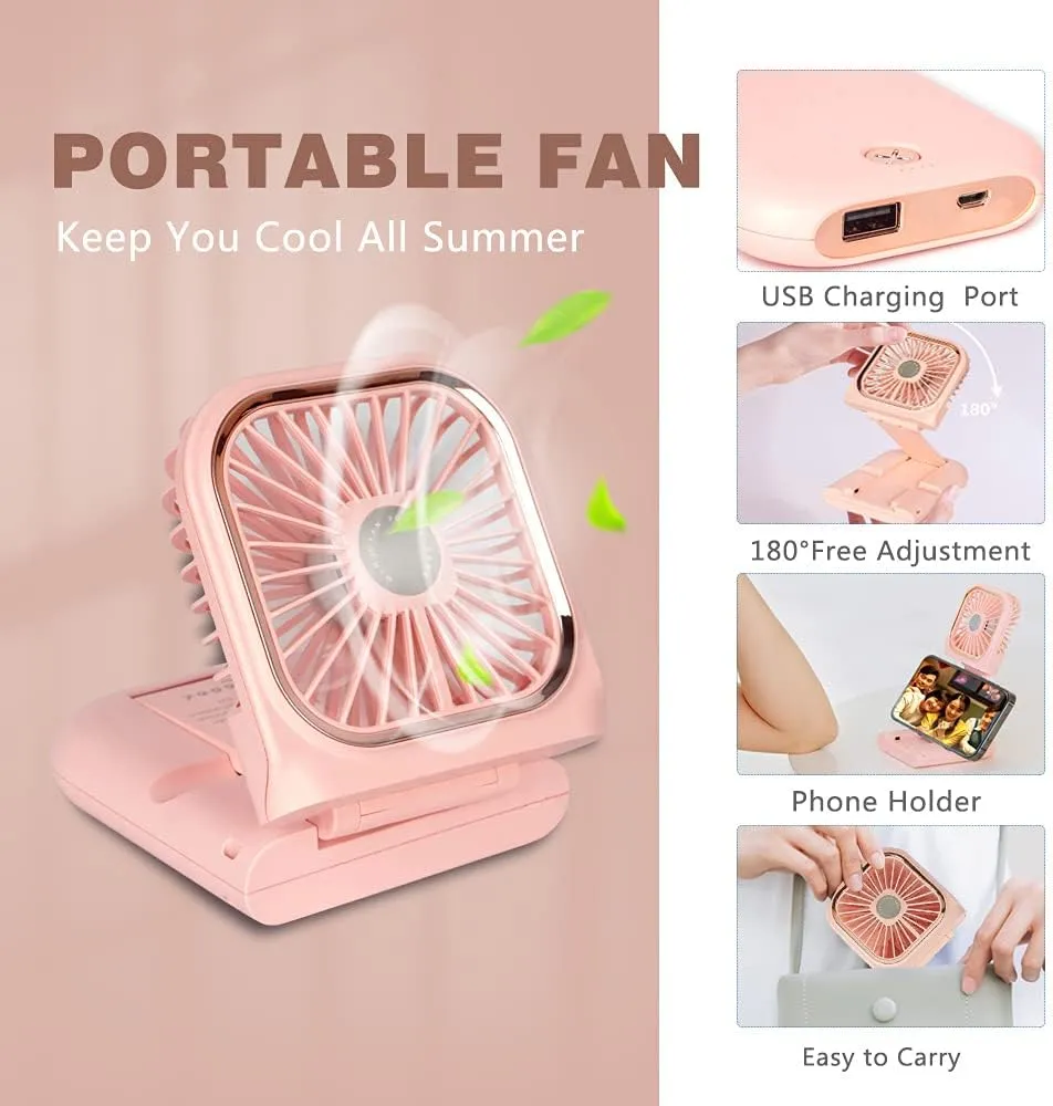 Portable Mini Fan Small Battery Operated Fan 5 in 1 as Power Bank,Phone Holder,Handheld Fan,Desk Fan, USB Rechargeable Personal Hand Fans,3000 mAh Power Bank,3 Speed Adjustable, Neck lanyard, Pink