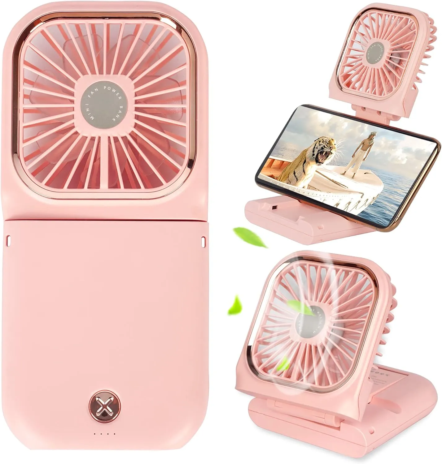 Portable Mini Fan Small Battery Operated Fan 5 in 1 as Power Bank,Phone Holder,Handheld Fan,Desk Fan, USB Rechargeable Personal Hand Fans,3000 mAh Power Bank,3 Speed Adjustable, Neck lanyard, Pink Mini handheld fan for personal cooling