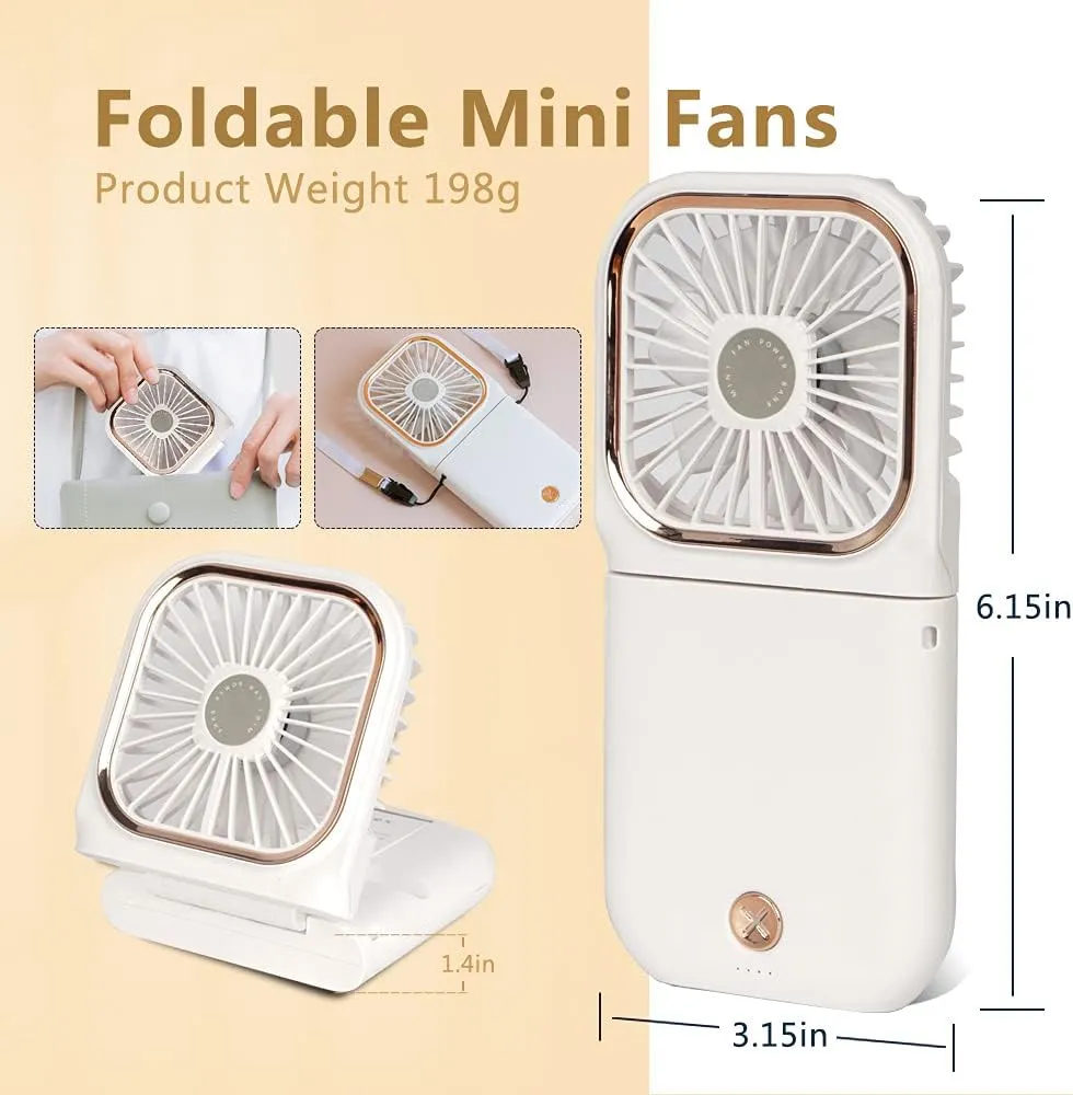 Portable Mini Fan Small Battery Operated Fan 5 in 1 as Power Bank,Phone Holder,Handheld Fan,Desk Fan, USB Rechargeable Personal Hand Fans,3000 mAh Power Bank,3 Speed Adjustable, Neck lanyard, White