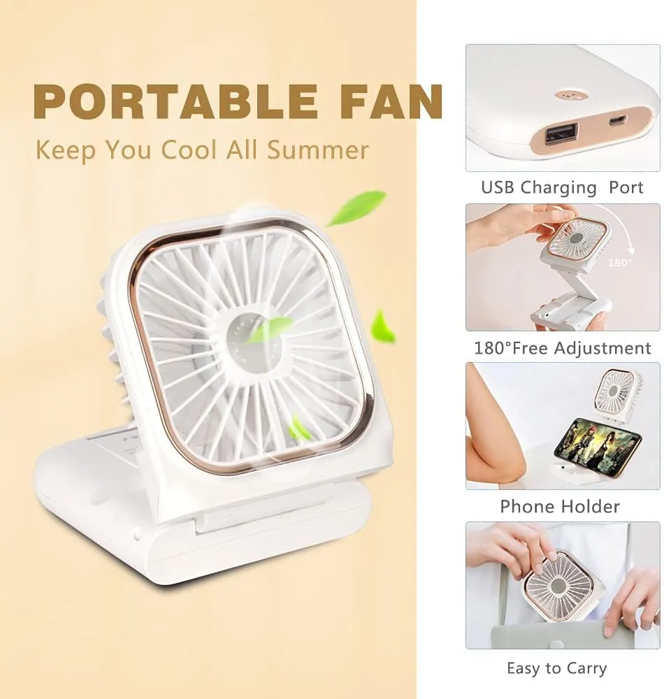 Portable Mini Fan Small Battery Operated Fan 5 in 1 as Power Bank,Phone Holder,Handheld Fan,Desk Fan, USB Rechargeable Personal Hand Fans,3000 mAh Power Bank,3 Speed Adjustable, Neck lanyard, White