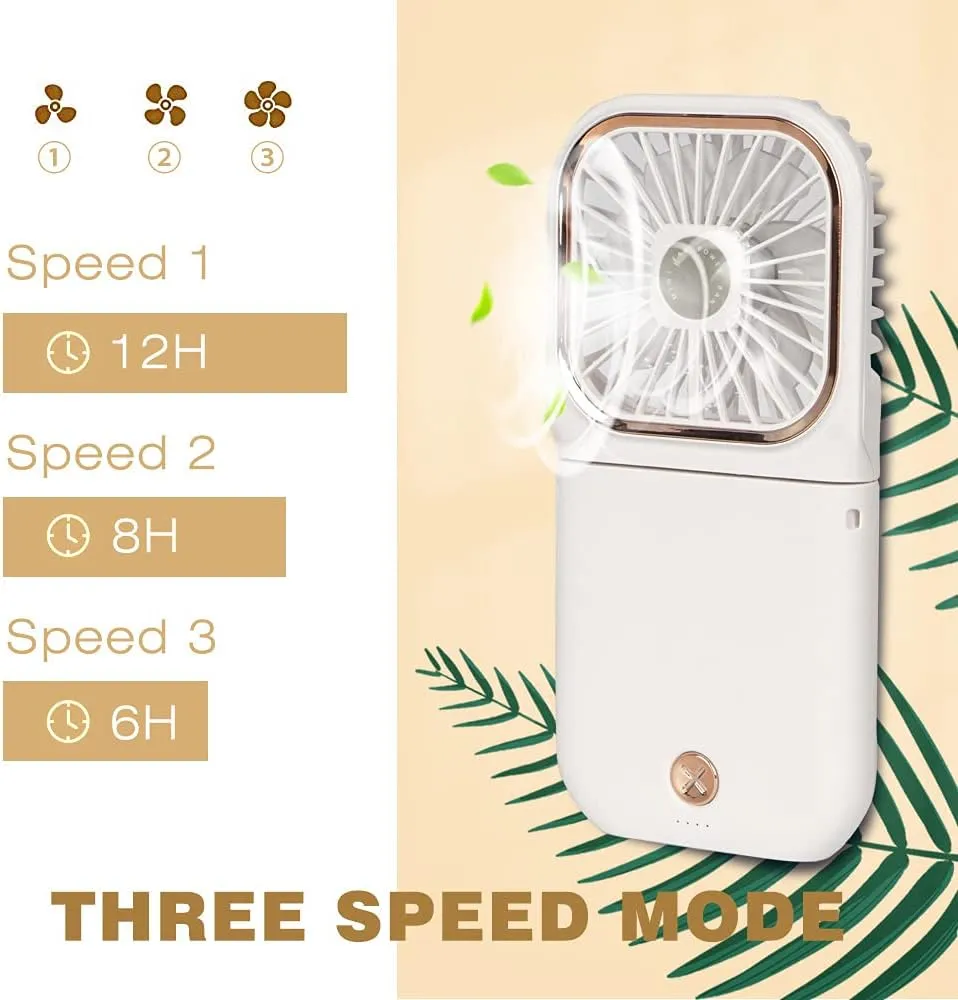 Portable Mini Fan Small Battery Operated Fan 5 in 1 as Power Bank,Phone Holder,Handheld Fan,Desk Fan, USB Rechargeable Personal Hand Fans,3000 mAh Power Bank,3 Speed Adjustable, Neck lanyard, White