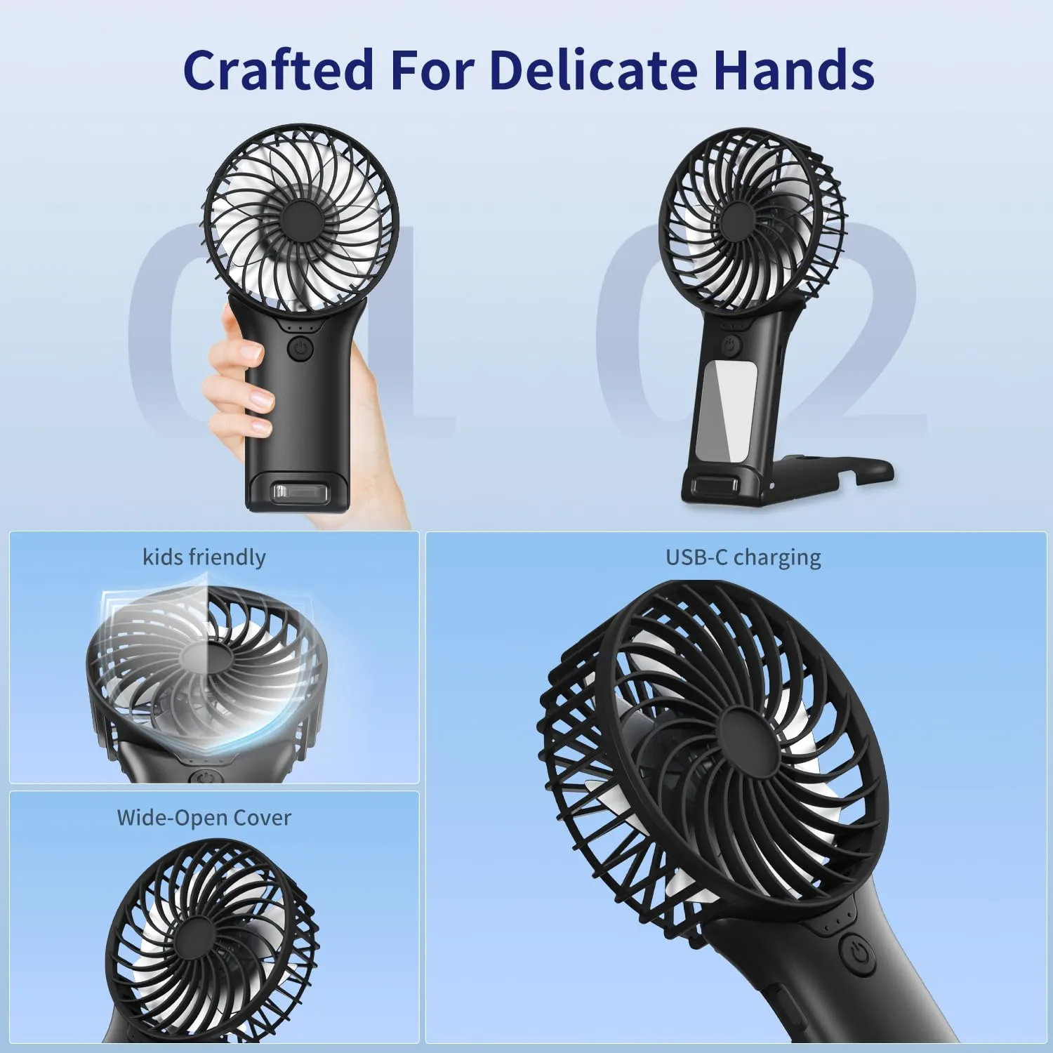 Portable Mini Fan with Mirror, USB Rechargeable, Pocket 4-Speed Cooling, Up to 15 Hours, Compact Handheld Fan for Travel/Summer/Concerts/Makeup, Ideal Gift for Women (Black)