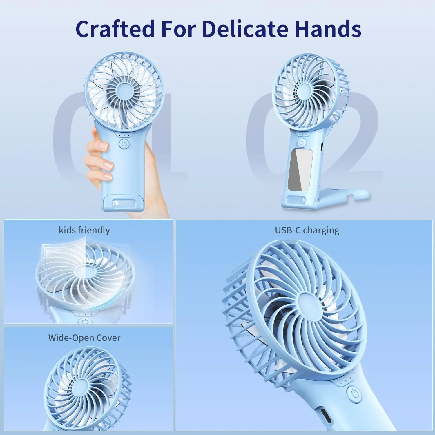Portable Mini Fan with Mirror, USB Rechargeable, Pocket 4-Speed Cooling, Up to 15 Hours, Compact Handheld Fan for Travel/Summer/Concerts/Makeup, Summer Gift for Women (Blue)