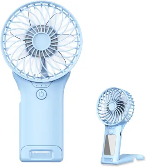 Portable Mini Fan with Mirror, USB Rechargeable, Pocket 4-Speed Cooling, Up to 15 Hours, Compact Handheld Fan for Travel/Summer/Concerts/Makeup, Summer Gift for Women (Blue) Mini handheld fan for personal cooling