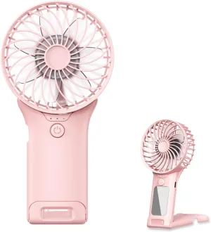 Portable Mini Fan with Mirror, USB Rechargeable, Pocket 4-Speed Cooling, Up to 15 Hours, Compact Handheld Fan for Travel/Summer/Concerts/Makeup, Summer Gift for Women (Pink) Mini handheld fan for personal cooling