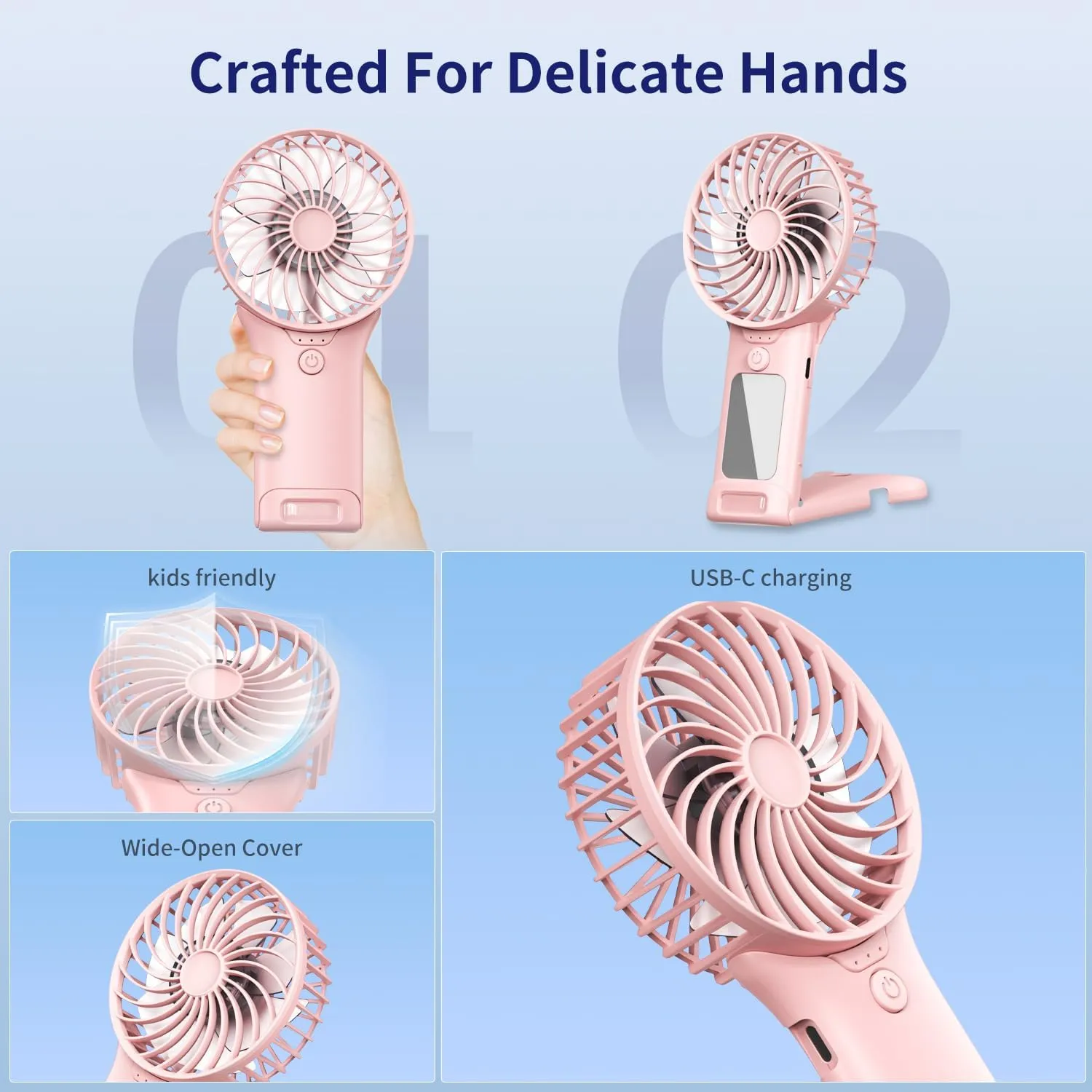 Portable Mini Fan with Mirror, USB Rechargeable, Pocket 4-Speed Cooling, Up to 15 Hours, Compact Handheld Fan for Travel/Summer/Concerts/Makeup, Summer Gift for Women (Pink)