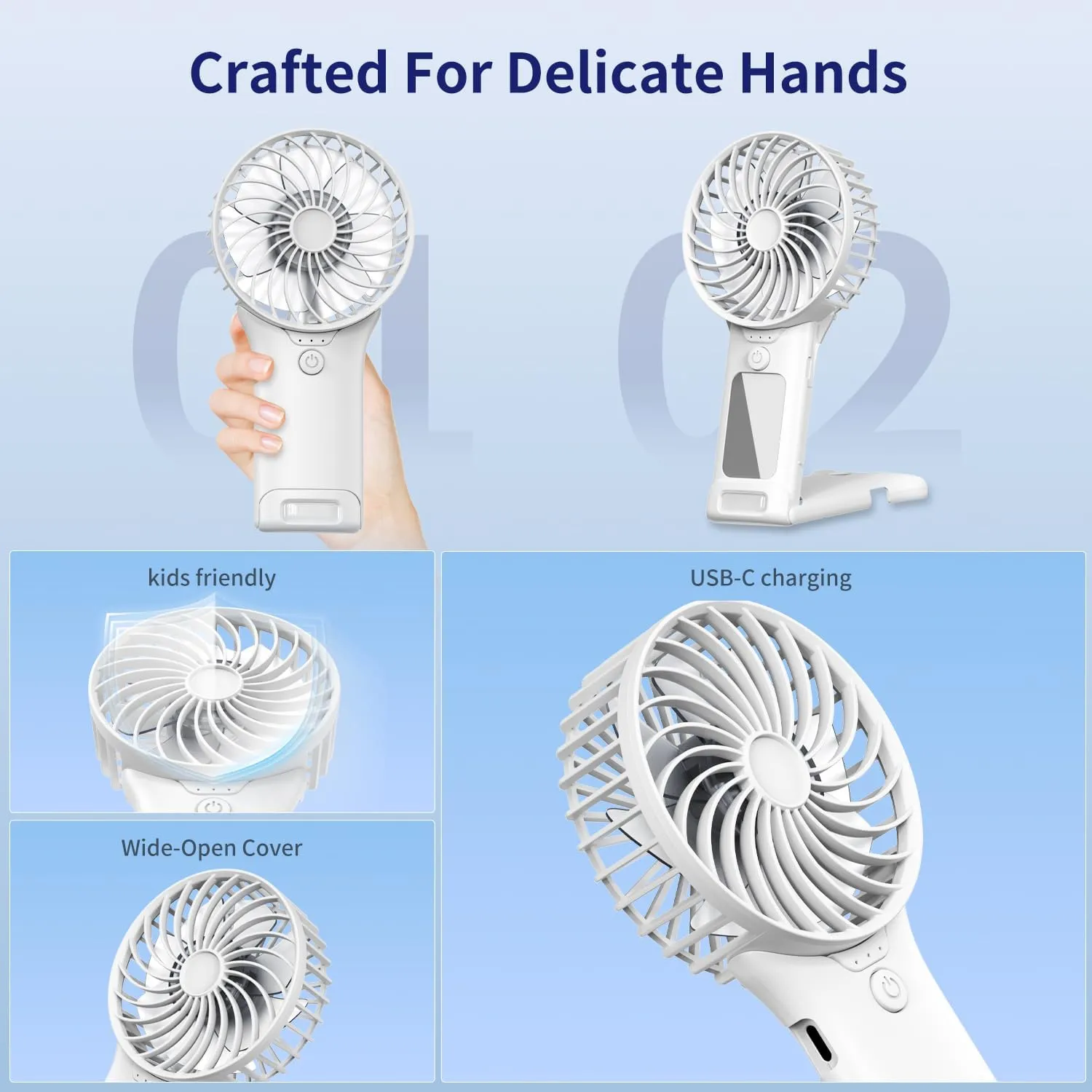 Portable Mini Fan with Mirror, USB Rechargeable, Pocket 4-Speed Cooling, Up to 15 Hours, Compact Handheld Fan for Travel/Summer/Concerts/Makeup, Summer Gift for Women (White)
