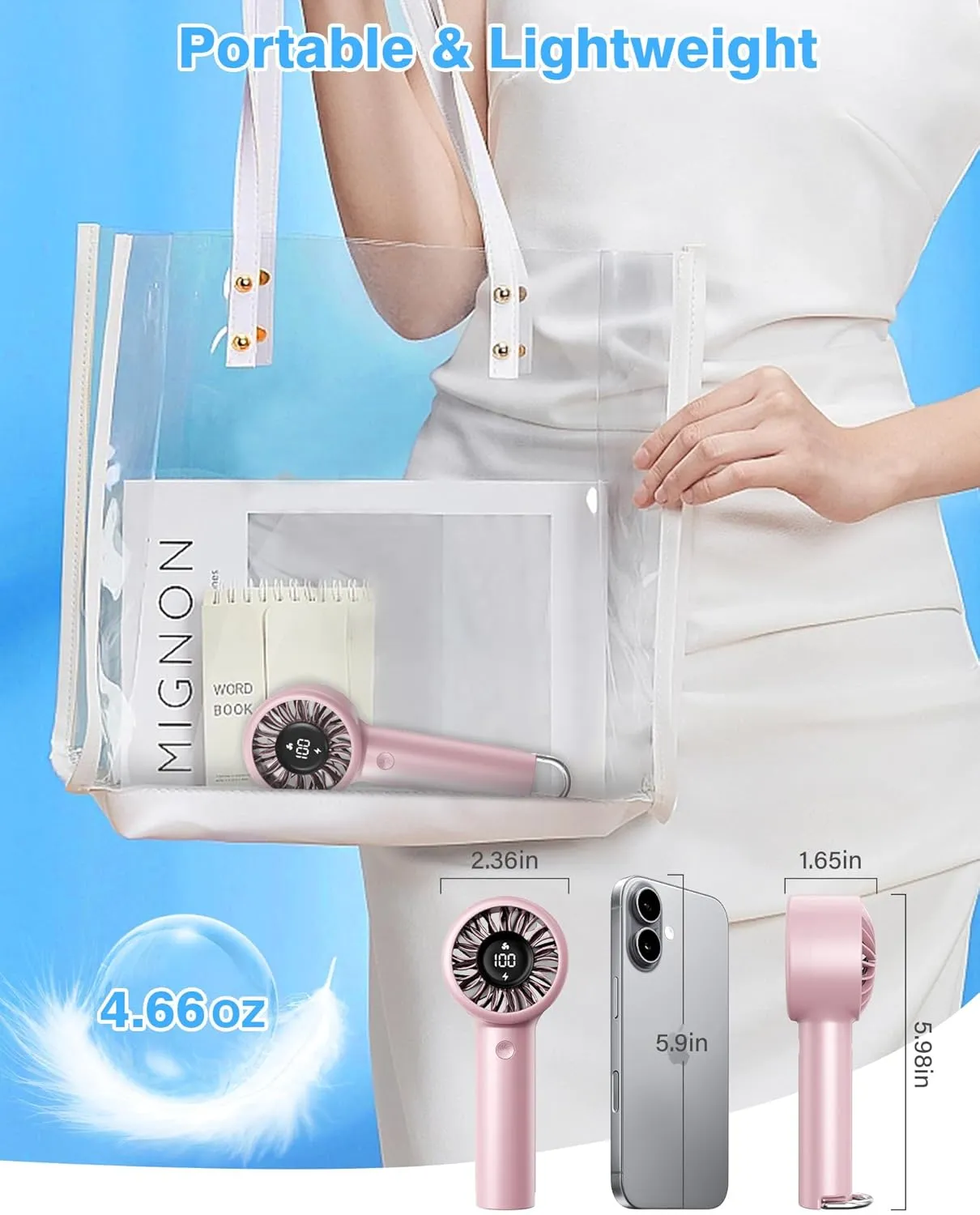 Portable Mini Handheld Fan Turbo, USB Rechargeable Electric High Speed Personal Hand Held Fan, 5 Speeds, LED Display, Battery Operated, Lightweight Small Size, Gift for Womens, Mens, Makeup, Travel