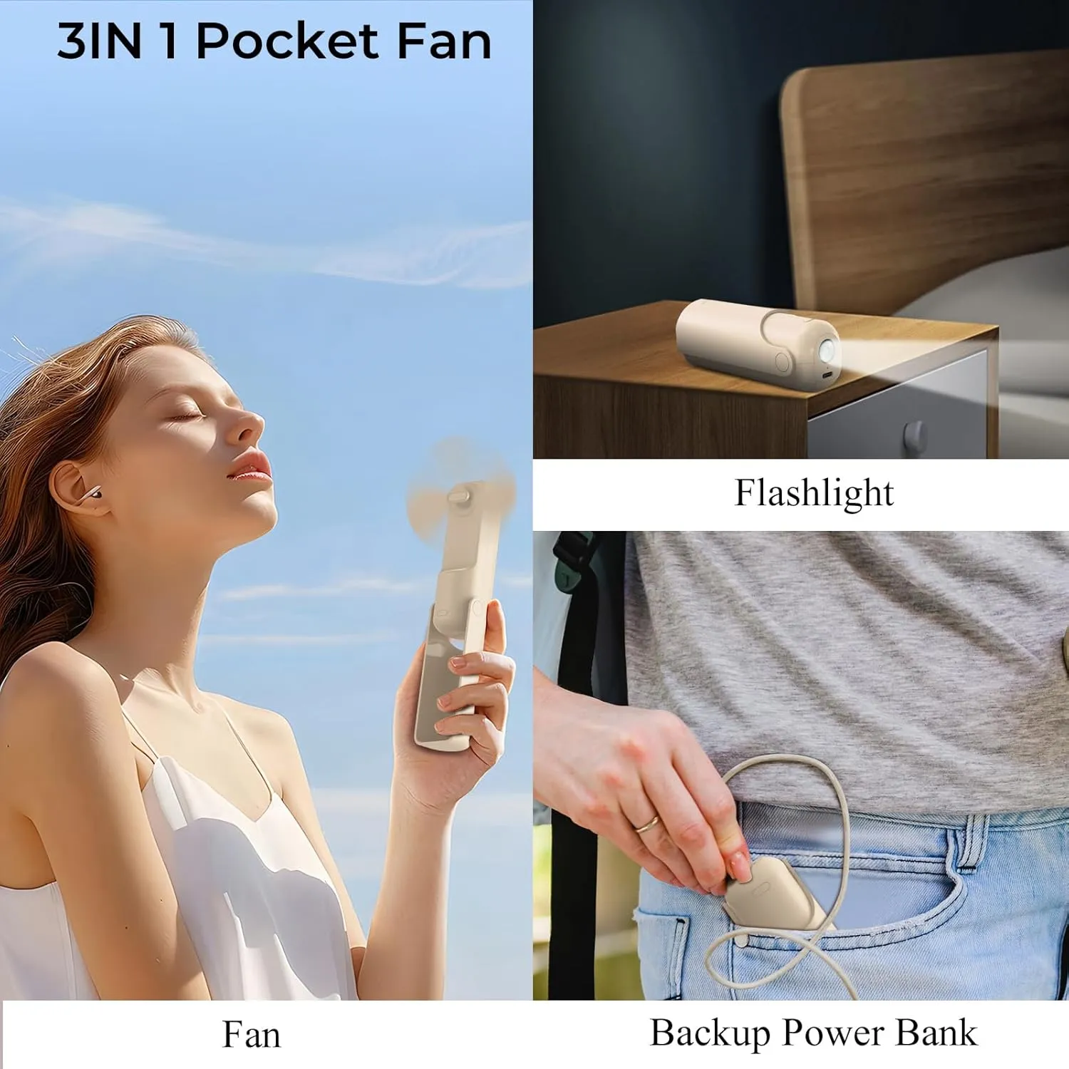 Portable Mini Handheld Fan,3 IN 1 Personal Travel Foldable Rechargeable Hand Fan,Pocket Fan,Flashlight,Table Fan,Birthday Gifts for Eyelash Girls Women Mom(Beige)