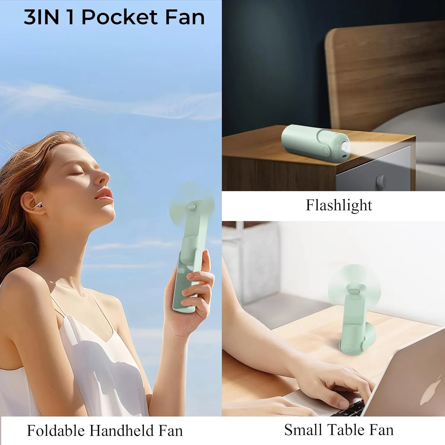 Portable Mini Handheld Fan,3 IN 1 Personal Travel Foldable Rechargeable Hand Fan,Pocket Fan,Flashlight,Table Fan,Birthday Gifts for Eyelash Girls Women Mom(Green)