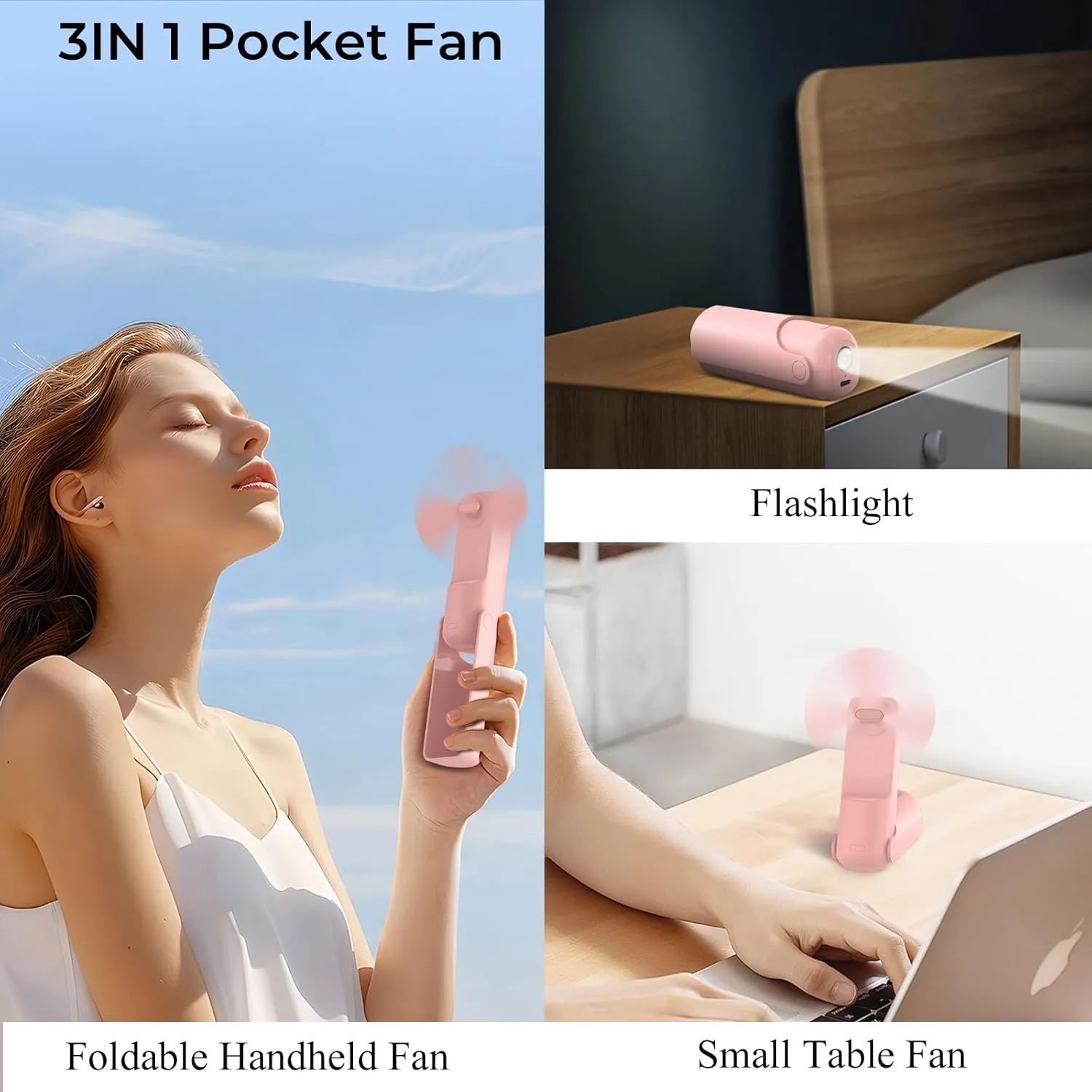 Portable Mini Handheld Fan,3 IN 1 Personal Travel Foldable Rechargeable Hand Fan,Pocket Fan,Flashlight,Table Fan,Birthday Gifts for Eyelash Girls Women Mom(Pink)