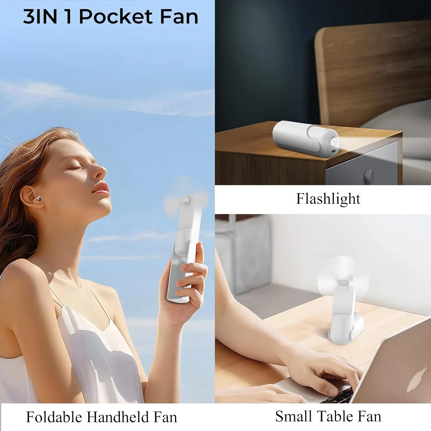 Portable Mini Handheld Fan,3 IN 1 Personal Travel Foldable Rechargeable Hand Fan,Pocket Fan,Flashlight,Table Fan,Birthday Gifts for Eyelash Girls Women Mom(White)