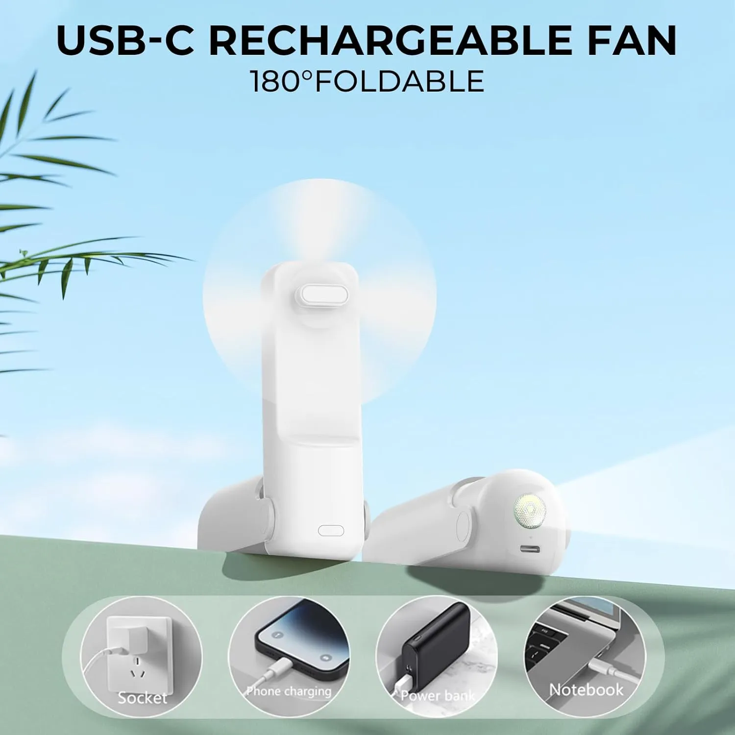 Portable Mini Handheld Fan,3 IN 1 Personal Travel Foldable Rechargeable Hand Fan,Pocket Fan,Flashlight,Table Fan,Birthday Gifts for Eyelash Girls Women Mom(White)
