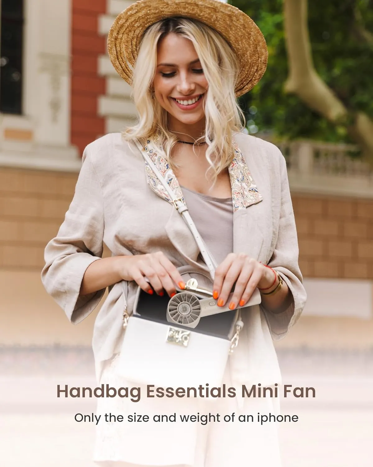 Portable Mini Handheld Turbo Fan, 4 Speed High Velocity Personal Cooling Device [Max 16H], Rechargeable Purse Travel Essential for Vacation/Beach/Trip - Beige