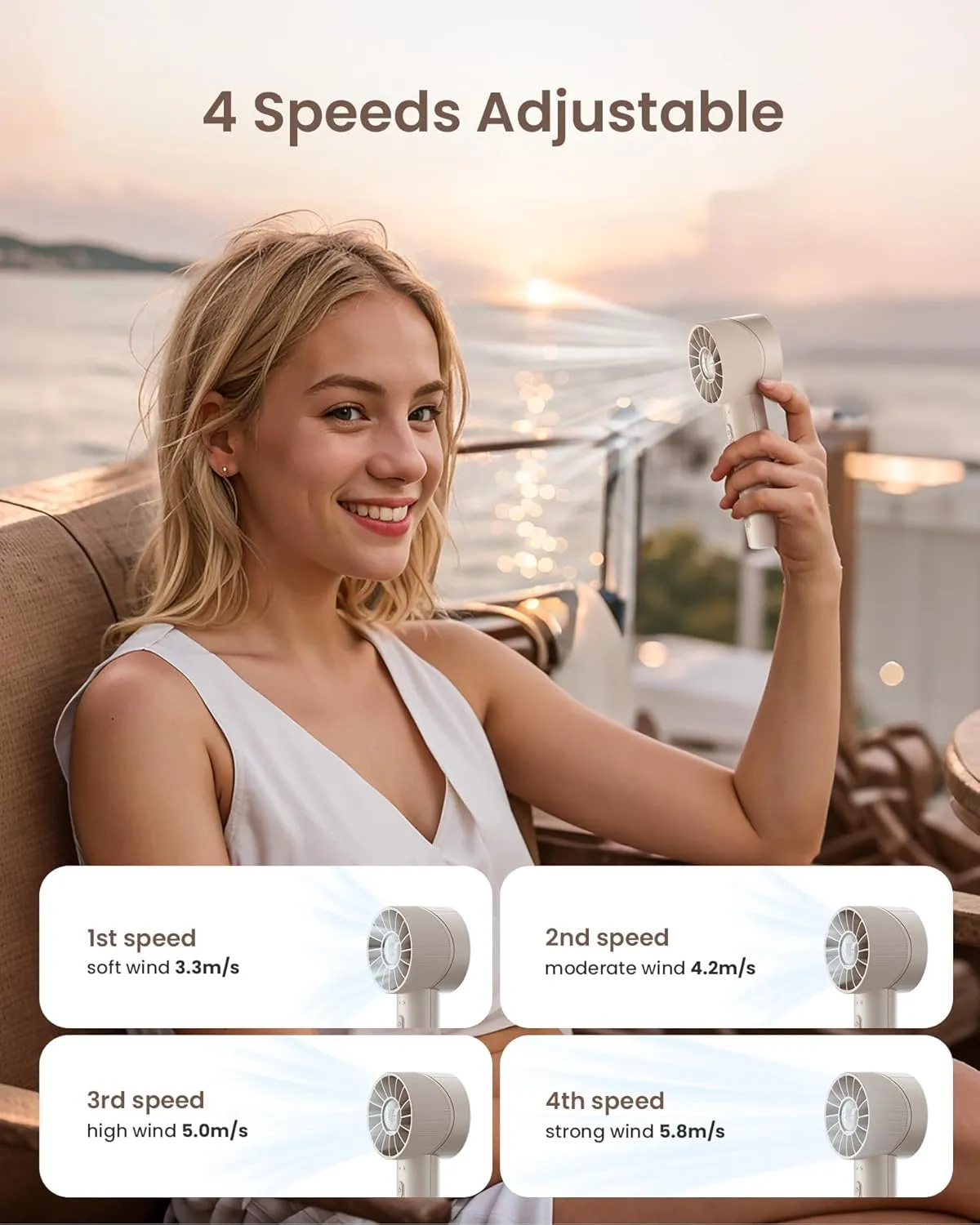 Portable Mini Handheld Turbo Fan, 4 Speed High Velocity Personal Cooling Device [Max 16H], Rechargeable Purse Travel Essential for Vacation/Beach/Trip - Beige