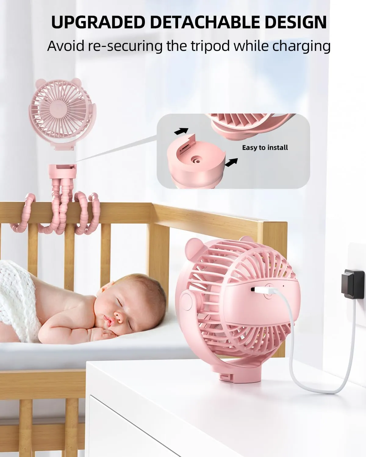 Portable Mini Stroller Fan, Battery Operated Small Clip on, Detachable Flexible Tripod Baby Fan with 3 Speed, Rechargeable Personal Fan for Car Seat Crib Treadmill Travel