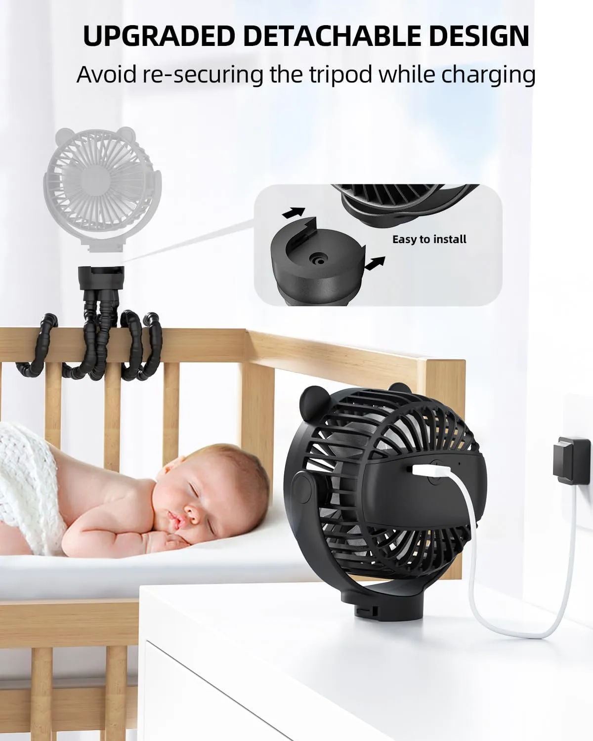 Portable Mini Stroller Fan, Battery Operated Small Clip on Fan, Detachable Flexible Tripod Baby Fan with 3 Speed, Rechargeable Personal Fan for Car Seat Crib Treadmill Travel