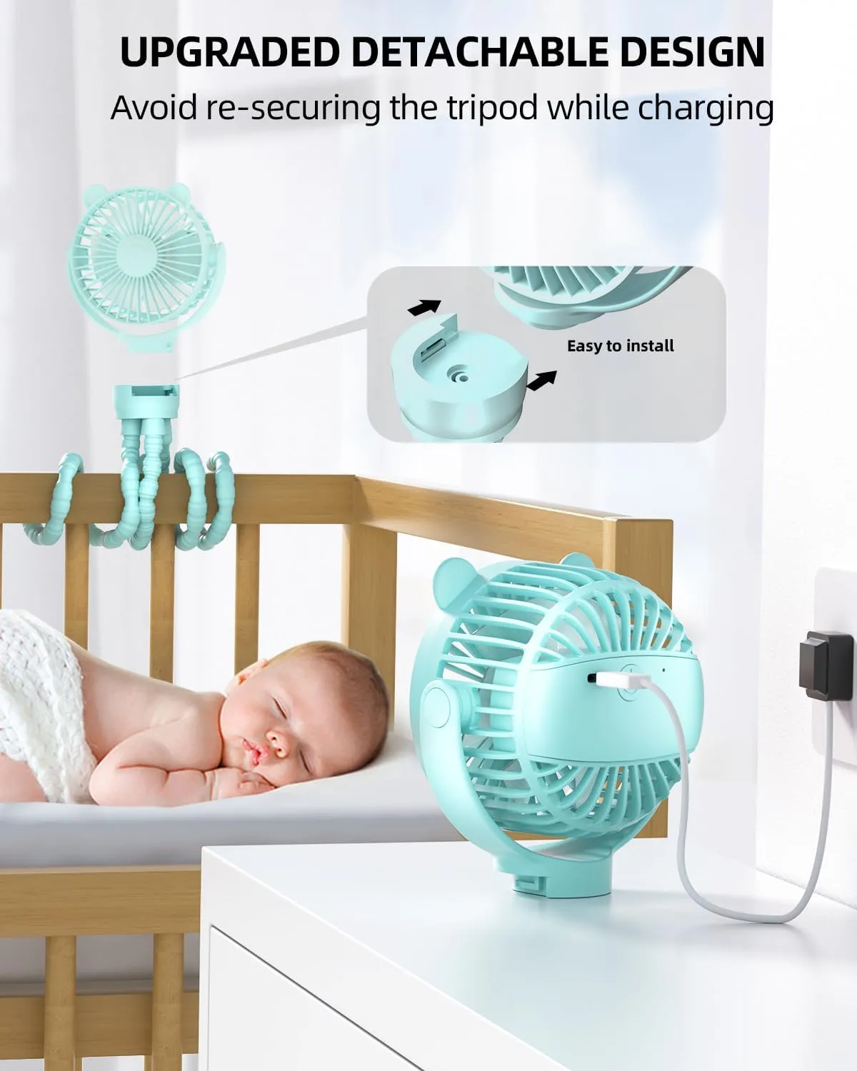 Portable Mini Stroller Fan, Battery Operated Small Clip on Fan, Detachable Flexible Tripod Baby Fan with 3 Speed, Rechargeable Personal Fan for Car Seat Crib Treadmill Travel