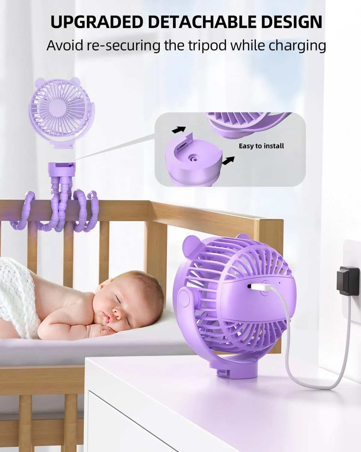 Portable Mini Stroller Fan, Battery Operated Small Clip on Fan, Detachable Flexible Tripod Baby Fan with 3 Speed, Rechargeable Personal Fan for Car Seat Crib Treadmill Travel