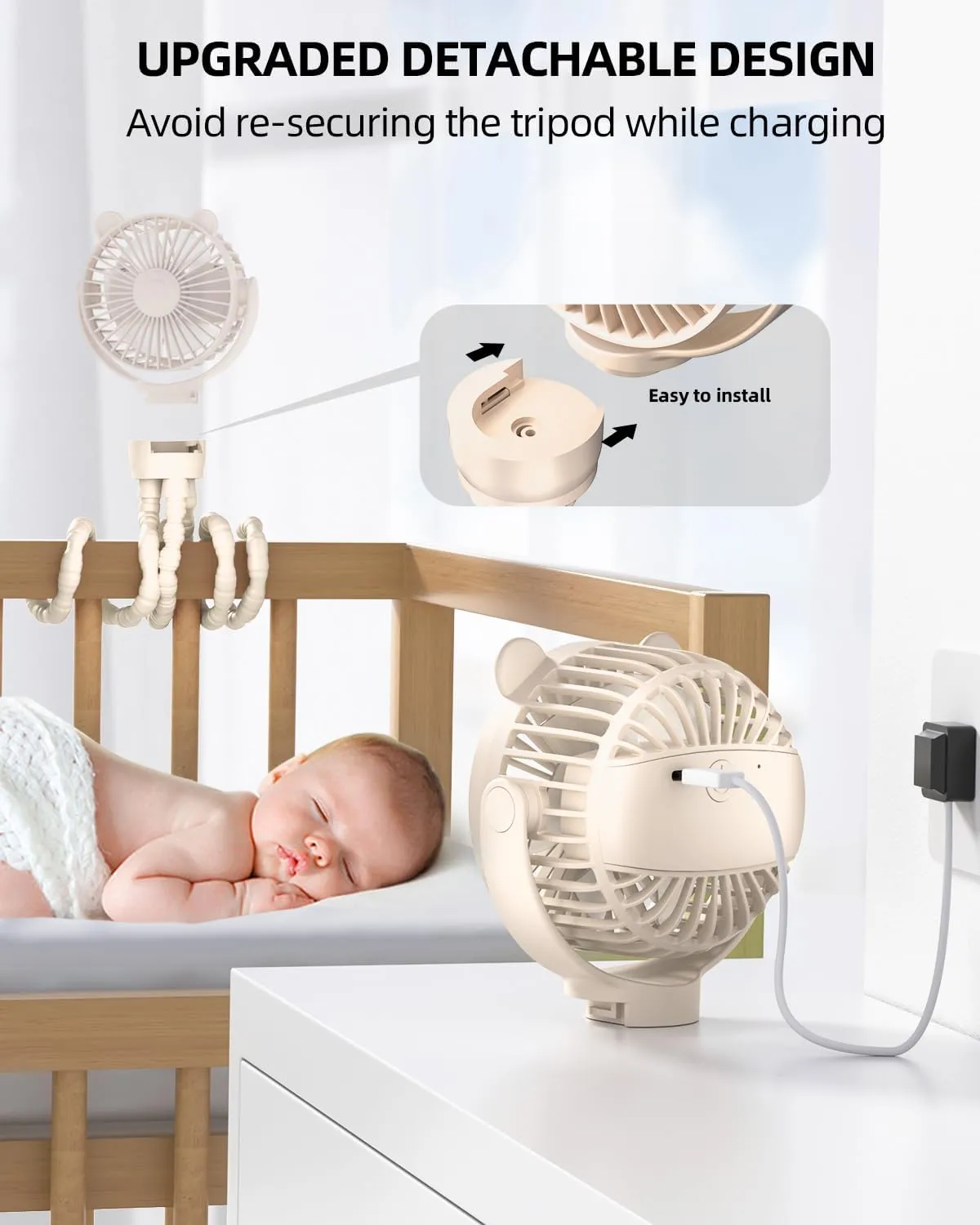 Portable Mini Stroller Fan, Battery Operated Small Clip on Fan, Detachable Flexible Tripod Baby Fan with 3 Speed, Rechargeable Personal Fan for Car Seat Crib Treadmill Travel