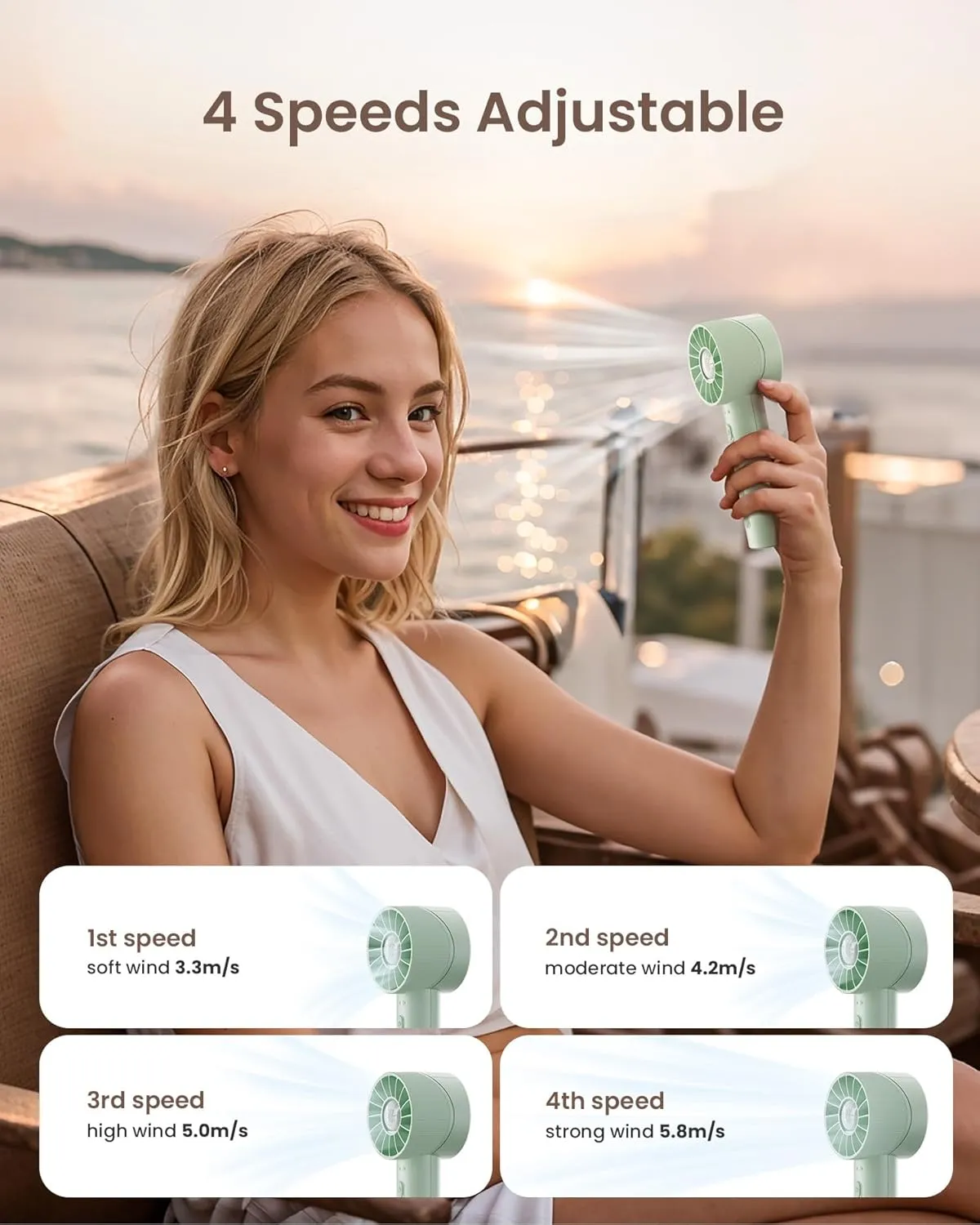 Portable Mini Turbo Fan, 4-Speed High Velocity Personal Fan, Rechargeable Travel Essentials for Vacation/Beach/Trip, Light Green
