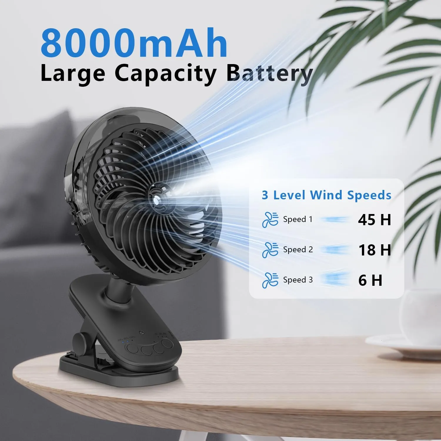 Portable Misitng Fan, 8000mAh Battery Operated Clip On Fan with Clip for Desk, Auto Oscillating, 3 Speeds, 2 Mist Modes with Remote, Working Time for Home Stroller Office and Outdoor-Black