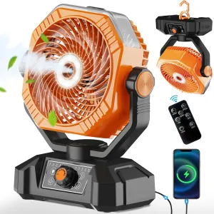 Portable Misting Fan, 10000mAh Battery Operated Rechargeable Cooling Fans for Outside, Outdoor Water Mister with 2 Mist Modes, Remote, Timer, Light, Camping Fan for Travel, Patios, Tent Battery-powered portable fan