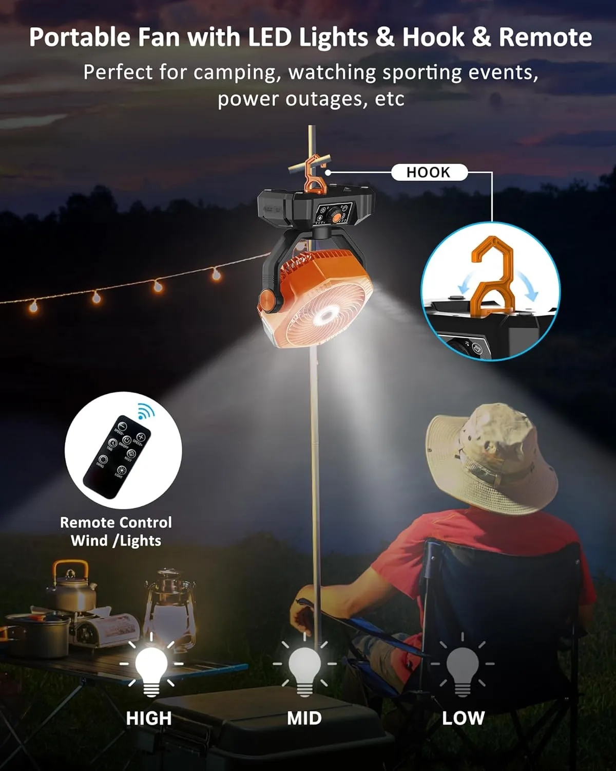 Portable Misting Fan, 20000mAh Battery Operated Rechargeable Cooling Fans for Outside, Outdoor Water Mister with 2 Mist Modes, Remote, Timer, Light, Camping Fan for Travel, Patios, Tent