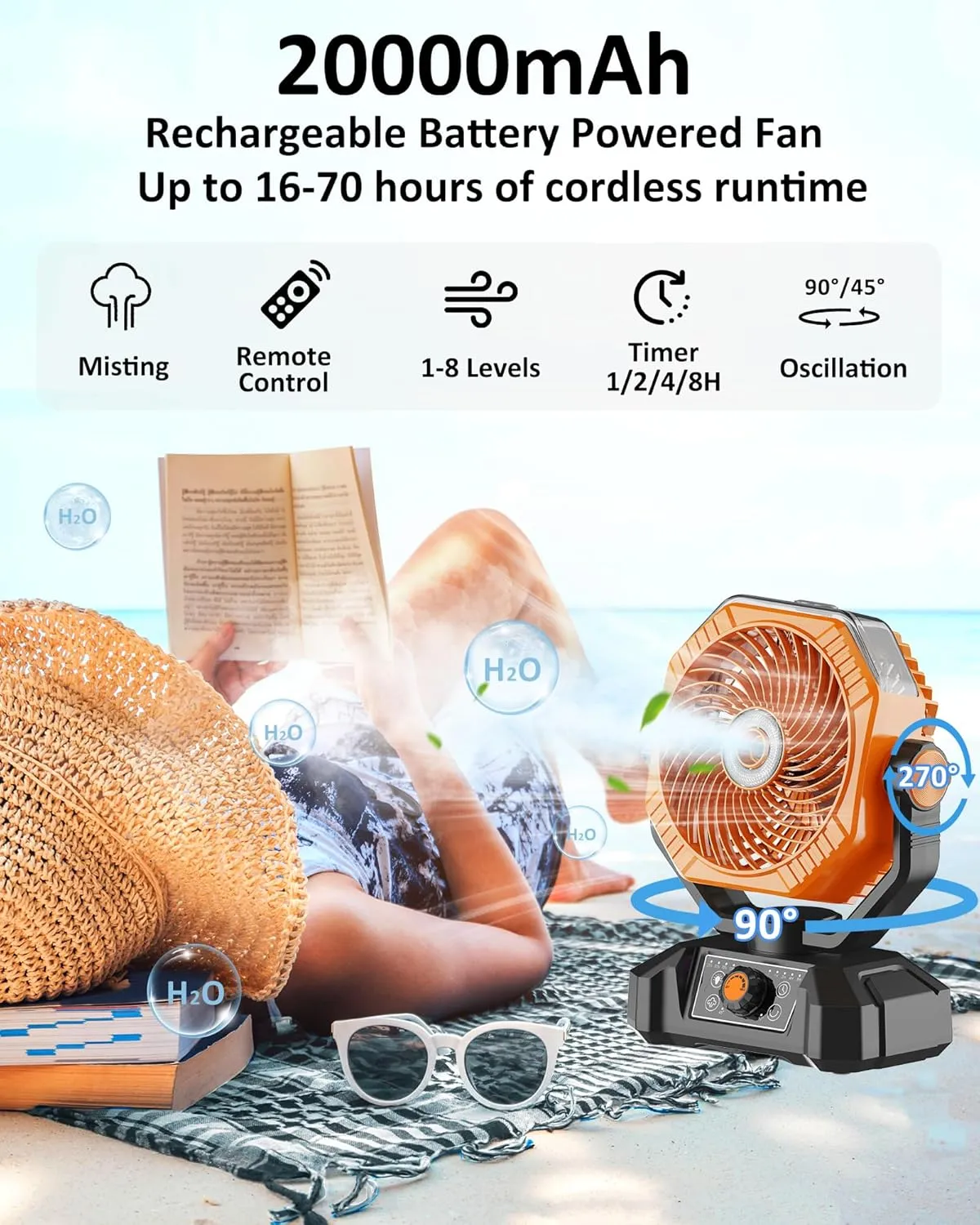 Portable Misting Fan, 20000mAh Battery Operated Rechargeable Cooling Fans for Outside, Outdoor Water Mister with 2 Mist Modes, Remote, Timer, Light, Camping Fan for Travel, Patios, Tent
