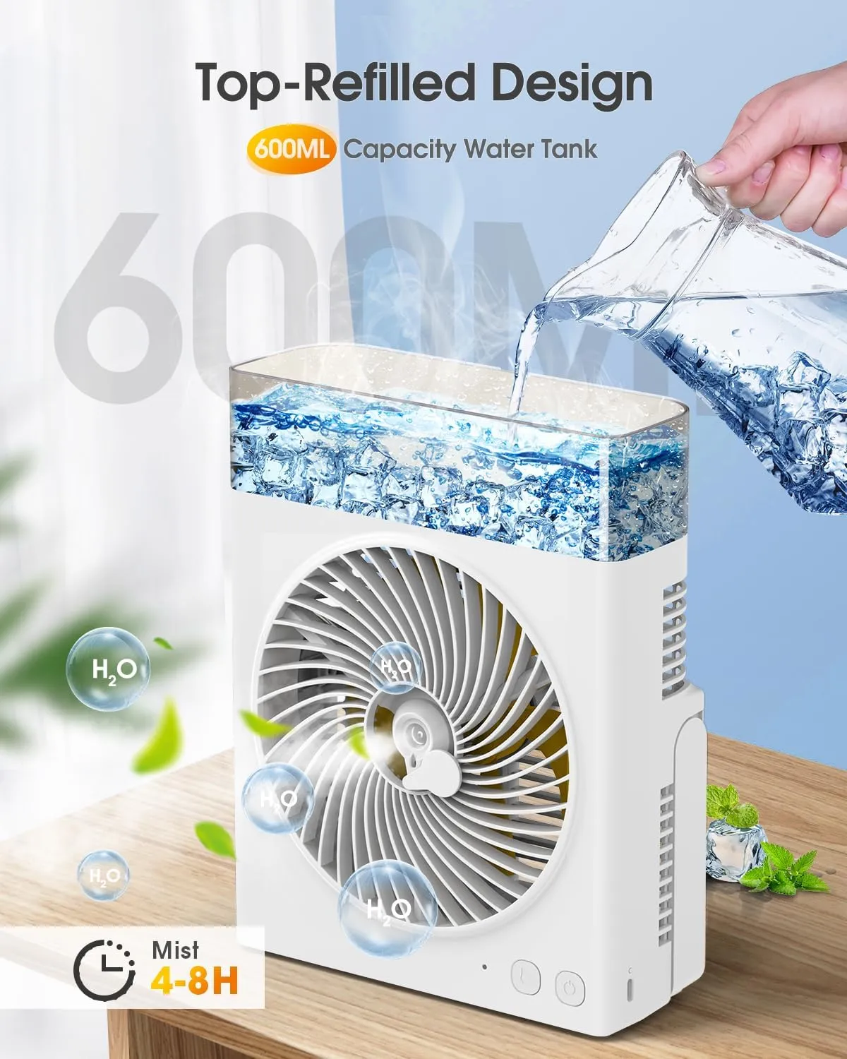 Portable Misting Fan, 8000mAh 8-Inch Rechargeable Water Cooling Mist Fan with 600mL Water Tank, Quiet USB Battery Powered, Perfect for Camping Home Outside Office Travel