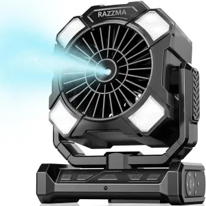 Portable Misting Fan, Camping Fans with Remote, 24000mAh Rechargeable Battery Cooling Fan for Outdoors Patios, Rechargeable Fans 270 Adjustable, Hanging & Lighting for Outdoor Indoor cooling Battery-powered portable fan