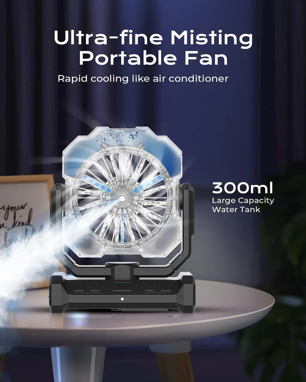 Portable Misting Fan, Camping Fans with Remote, 24000mAh Rechargeable Battery Cooling Fan for Outdoors Patios, Rechargeable Fans 270 Adjustable, Hanging & Lighting for Outdoor Indoor cooling
