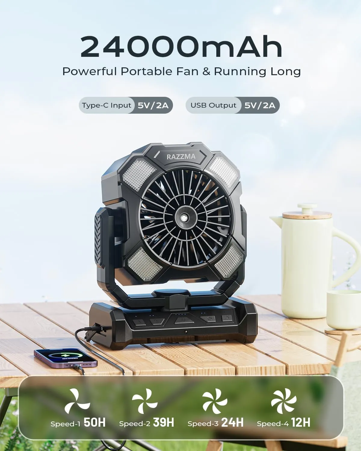 Portable Misting Fan, Camping Fans with Remote, 24000mAh Rechargeable Battery Cooling Fan for Outdoors Patios, Rechargeable Fans 270 Adjustable, Hanging & Lighting for Outdoor Indoor cooling