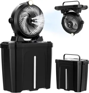 Portable Misting Fan with 11L Large Bucket, 20000mAh USB Rechargeable Battery Operated Camping Fans, 3 Large Spray Nozzles & 3 Strong Wind Speeds Misting Fan, Hanging & Lighting for Outdoor Patios Battery-powered portable fan