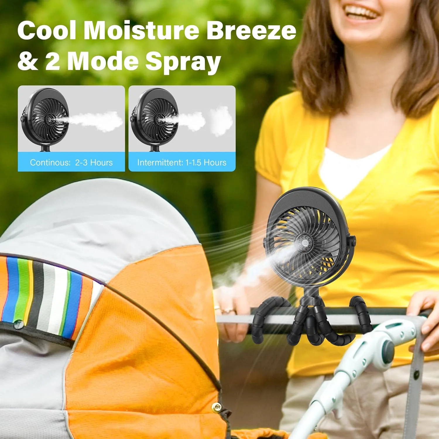 Portable Misting Stroller Fan, 4000mAh Battery Powered with 360 Pivot, Personal Mister Fan with Flexible Tripods for Cooling Outdoor Travel Office Wagon Crib Car Treadmill