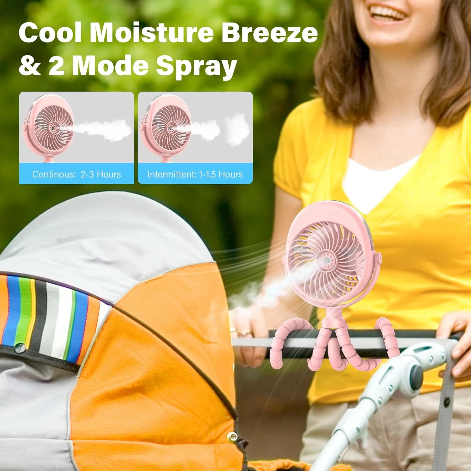 Portable Misting Stroller Fan, 4000mAh Battery Powered with 360 Pivot, Personal Mister Fan with Flexible Tripods for Cooling Outdoor Travel Office Wagon Crib Car Treadmill
