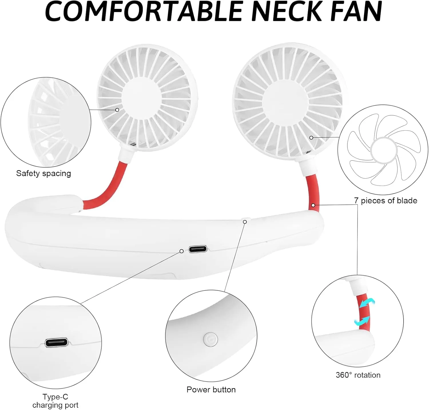 Portable Neck Fan 2500 mAh Rechargeable USB Hands-Free Mini Face Cooling Personal Double Headed Rotatable Small Fan for Working Office Reading Traveling Outdoor Sport