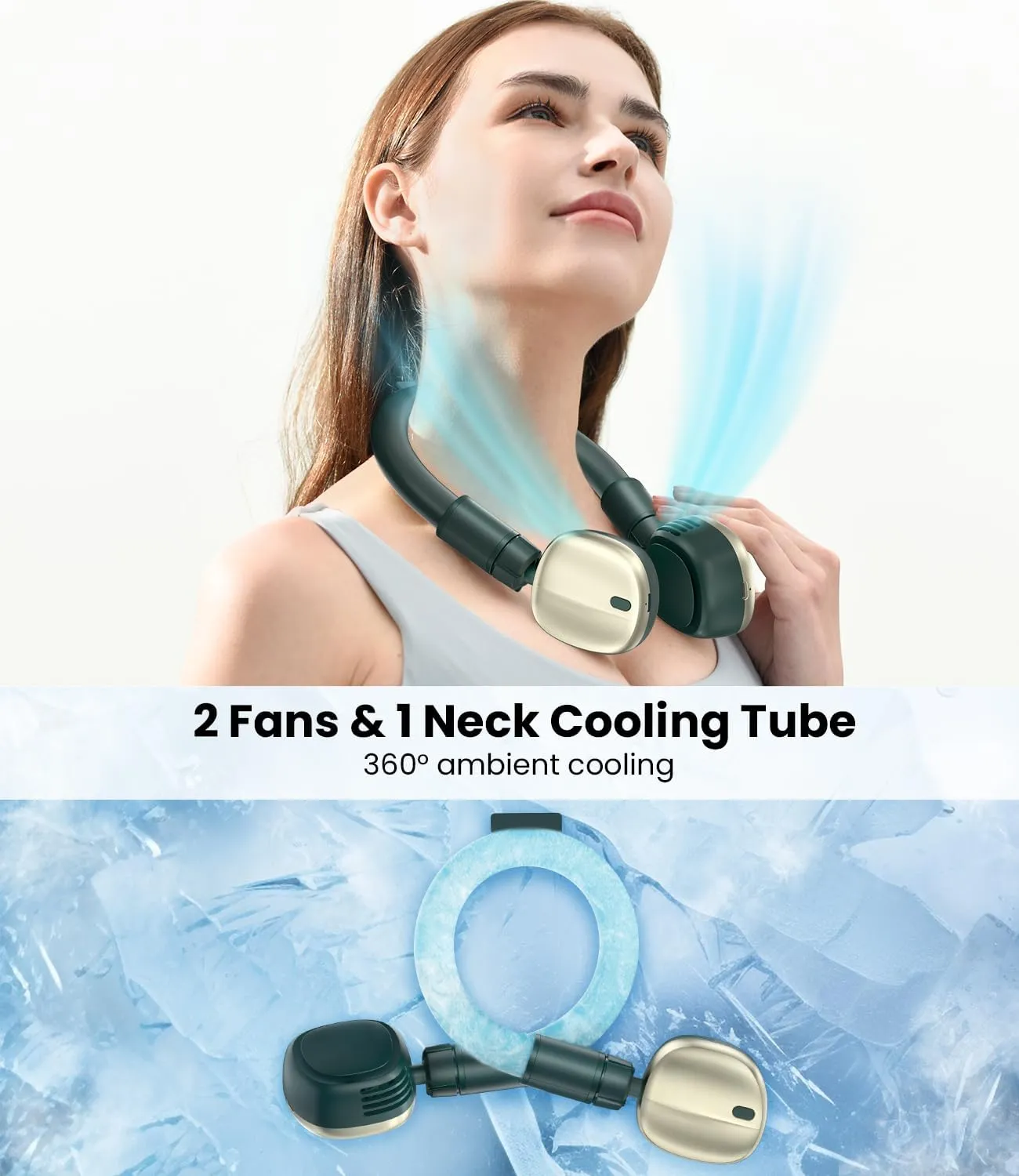 Portable Neck Fan 360 Cooling Tube Bladeless Personal Fan, USB Rechargeable Wearable Fan, Battery Operated, Leafless 3 Speeds Adjustable Quiet Fan for Outdoor Indoor Gift Men Women (Dark Green)