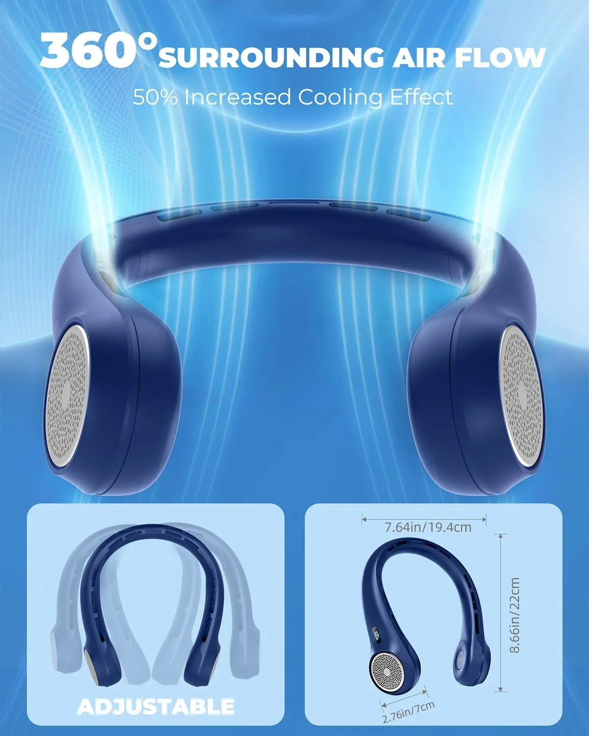 Portable Neck Fan, 4000mAh Rechargeable Bladeless Cooling Fan with 360 Airflow, 3-Speed Personal Cooler for Women Mom, Stylish Gift for Travel, Gym, Office, Blue
