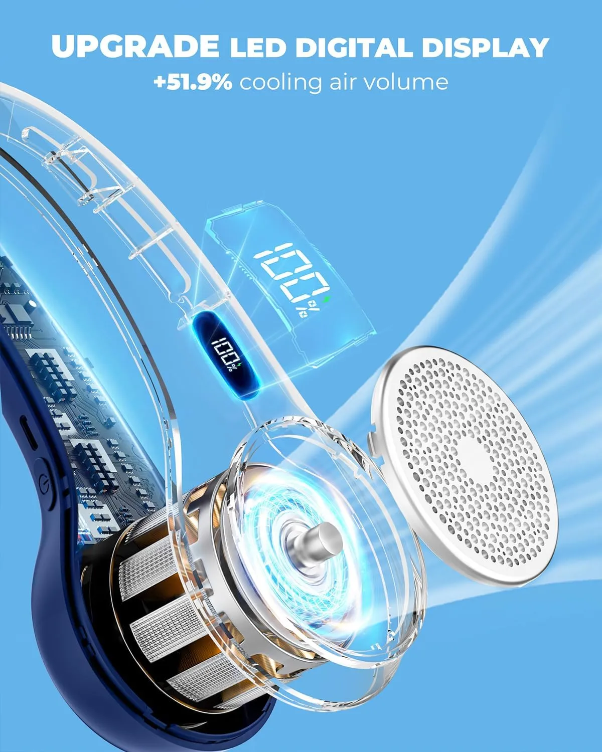Portable Neck Fan, 4000mAh Rechargeable Bladeless Cooling Fan with 360 Airflow, 3-Speed Personal Cooler for Women Mom, Stylish Gift for Travel, Gym, Office, Blue