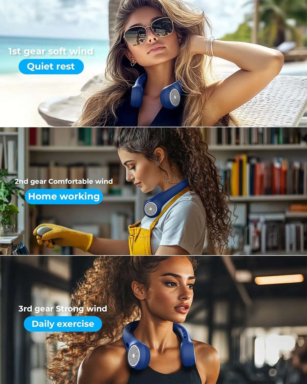 Portable Neck Fan, 4000mAh Rechargeable Bladeless Cooling Fan with 360 Airflow, 3-Speed Personal Cooler for Women Mom, Stylish Gift for Travel, Gym, Office, Blue