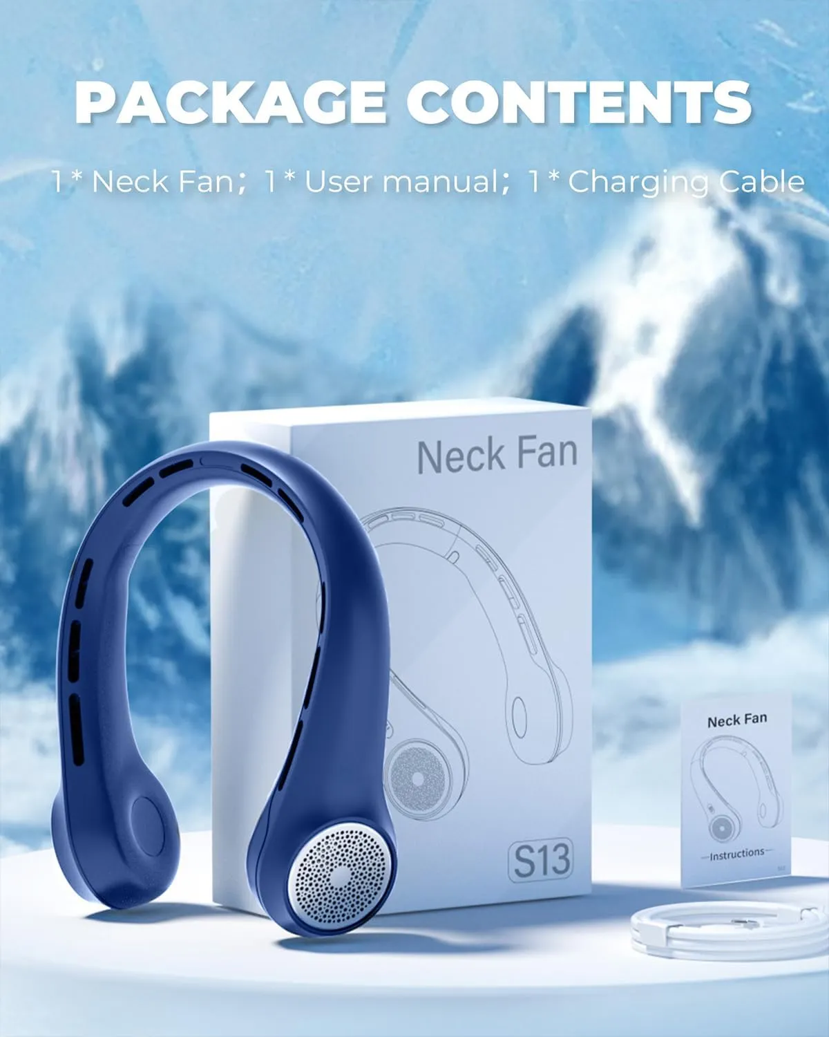 Portable Neck Fan, 4000mAh Rechargeable Bladeless Cooling Fan with 360 Airflow, 3-Speed Personal Cooler for Women Mom, Stylish Gift for Travel, Gym, Office, Blue
