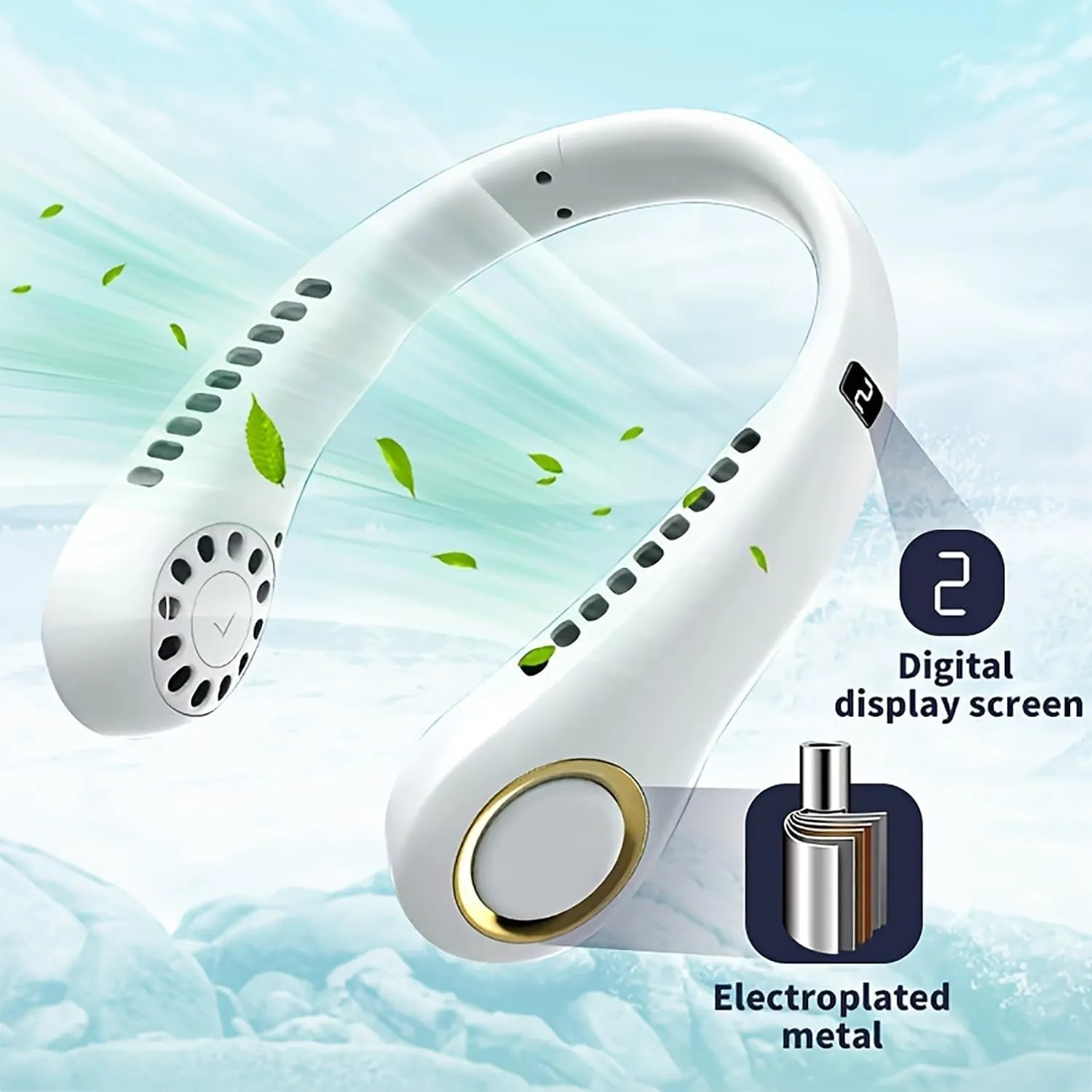 Portable Neck Fan - 5-Speed Adjustment, 360 Rotation, USB Rechargeable Bladeless Personal Cooling for Office, Travel, and Outdoor-White