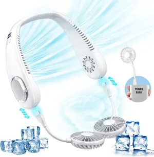 Portable Neck Fan, 9000mAh Hand Free Air Conditioner with 4 Air Outlet 3 Speed for Travel, Camping, Yard Work, White Neck fan for hands-free comfort