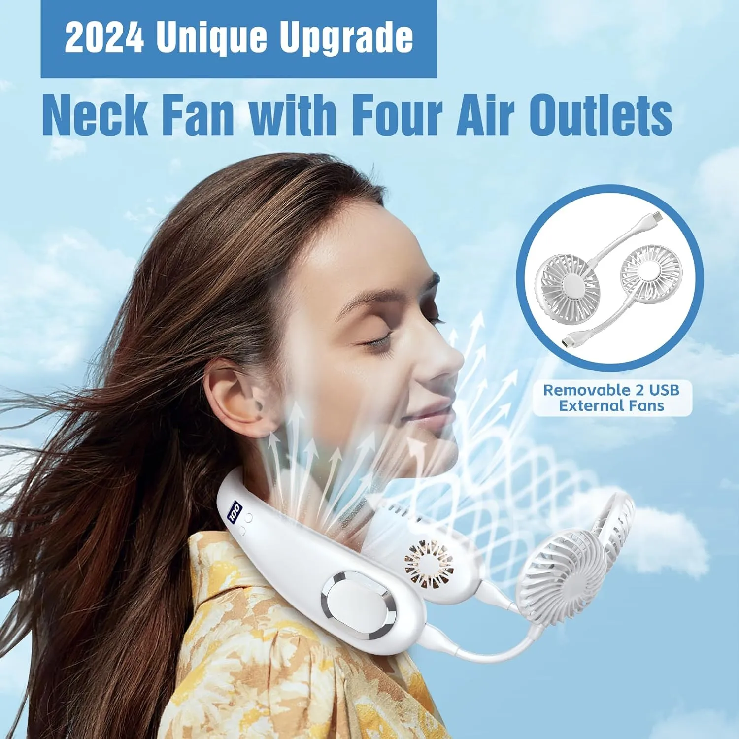 Portable Neck Fan, 9000mAh Hand Free Air Conditioner with 4 Air Outlet 3 Speed for Travel, Camping, Yard Work, White